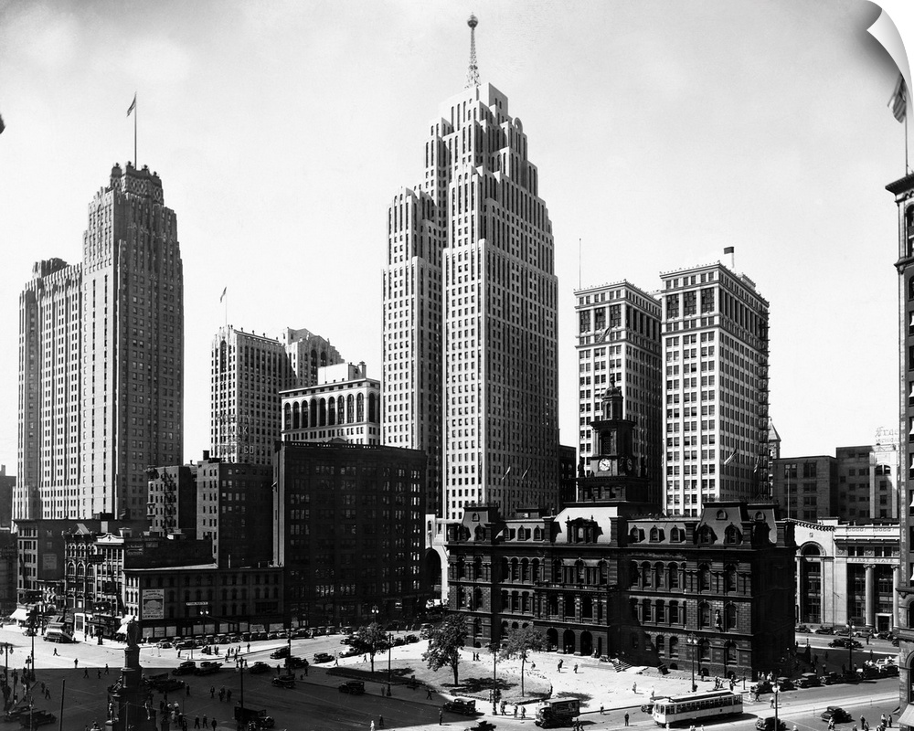 Buildings left to right: Union Guardian Building; Union Guardian Building; Buhl Building; Ford Building (not Henry); Penob...
