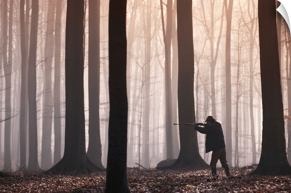 Man aiming shotgun in forest