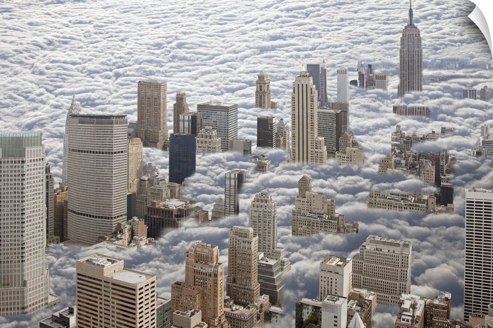 Aerial photograph looking down on Manhattan, New York that is sitting in heavy fog and all you can see are the high rise s...