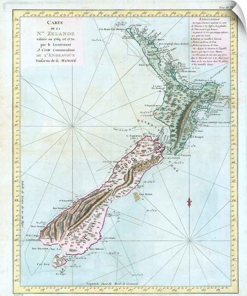 French copy of Cook's first map of New Zealand, showing the route of the Endeavour around the islands from October 6, 1769...
