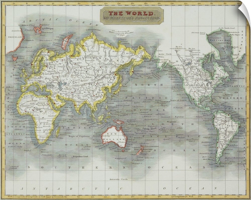 Antique map of the world with the ocean levels reprensented by contrasting shades and rivers and strems highlighted in eac...