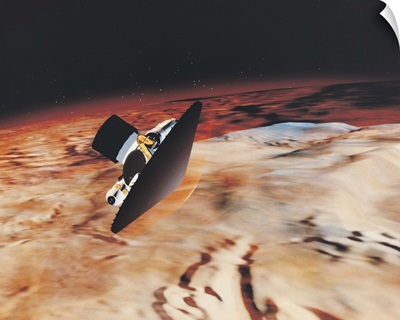 Mars piloted vehicle performing an aerobrake maneuver over Mars