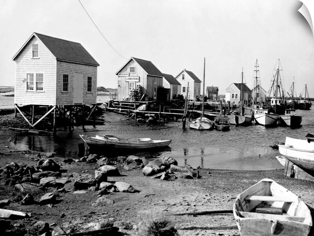Lobstermen's shacks line the coast at Vineyard Haven on Martha's Vineyard, Massachusetts.