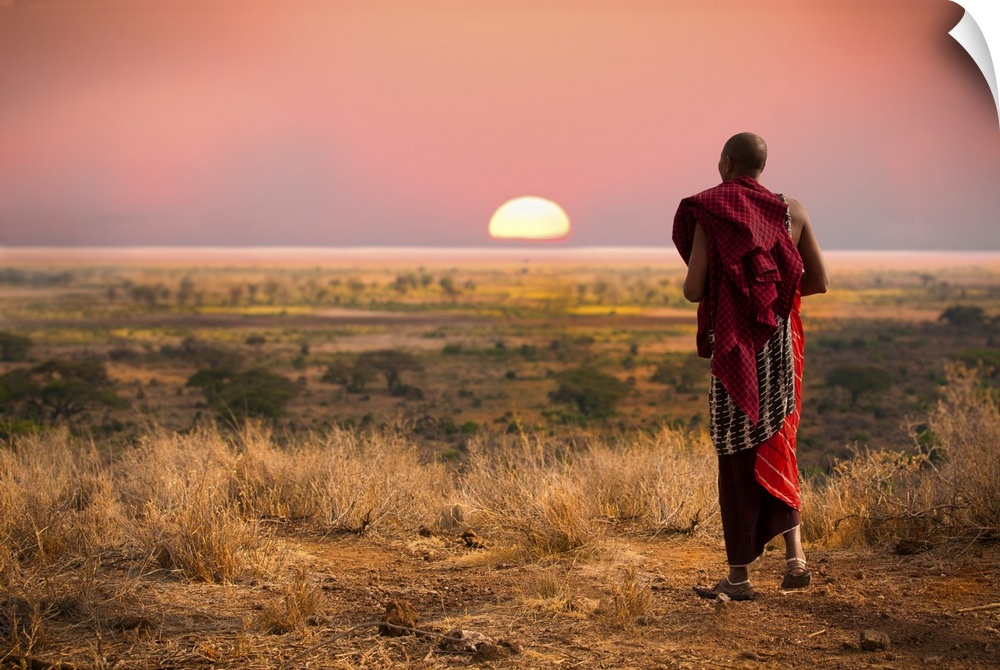 Masai man, wearing traditional blankets, overlooks Serengeti in Tanzania as the colorful sunset fills the sky.