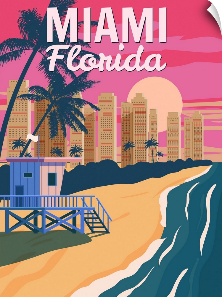 A contemporary travel poster advertising the Florida city of Miami, in bright summery colors
