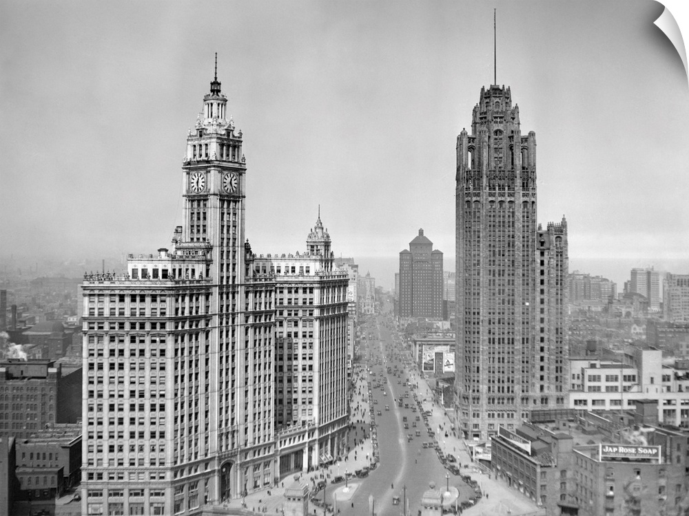HIgh angle view looking north up Michigan Avenue. Wrigley Building is the left, Tribune Tower is on the right, and The All...