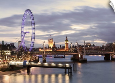 Millennium Wheel and Big Ben viewed at sunset, London, England