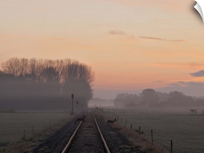 Misty morning sunrise by single railway track with three deer crossing track