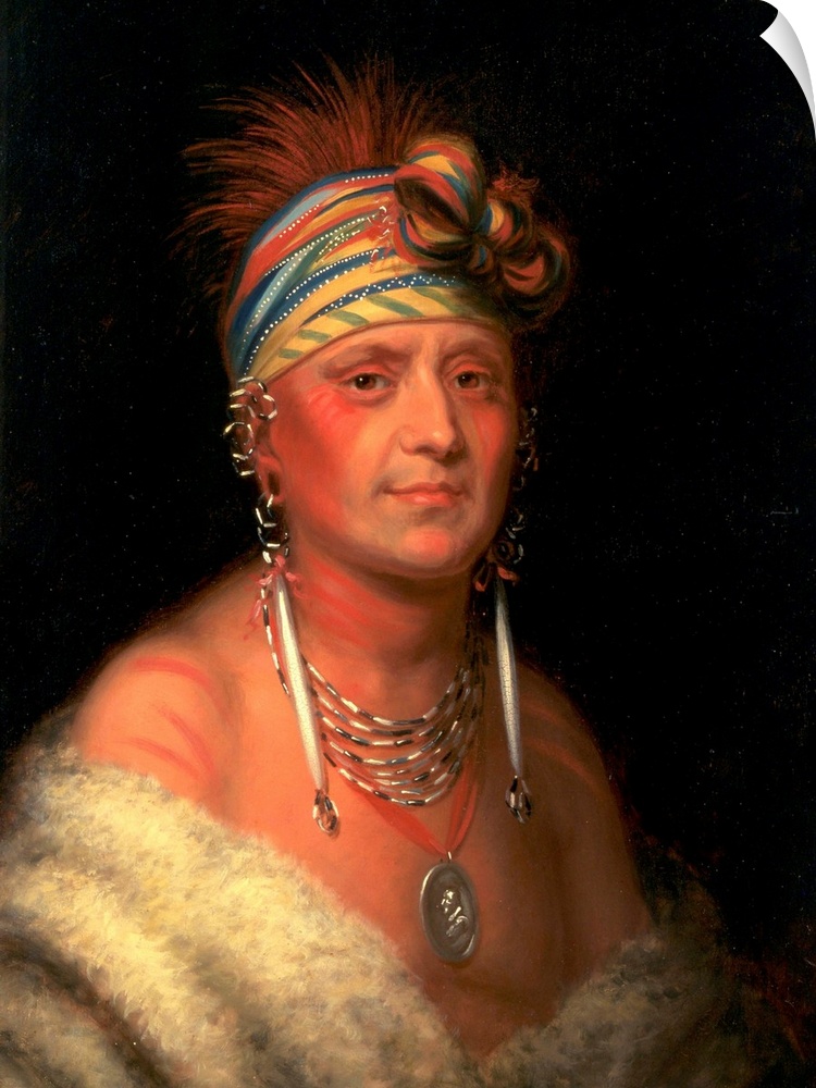 Monchousia (White Plume), a chief of the Kansa tribe. Painting from circa 1822, oil on panel, 44.4 x 35.1 cm (17.48 x 13.8...
