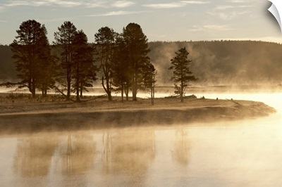 Morning mists in Fall along Yellowstone River in Hayden Valley, Yellowstone
