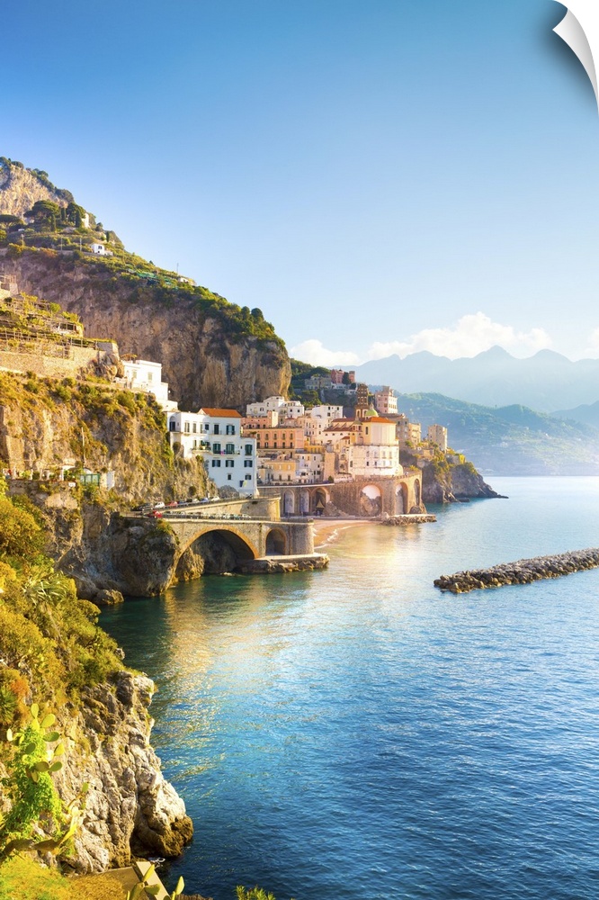Morning view of Amalfi cityscape on coast line of mediterranean sea, Italy.