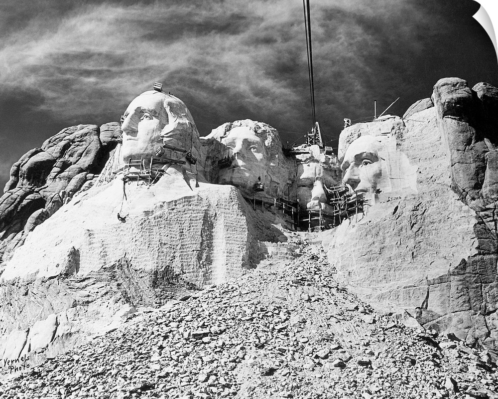 View of Mount Rushmore National Memorial, showing work in progress. Undated photograph, circa 1940.