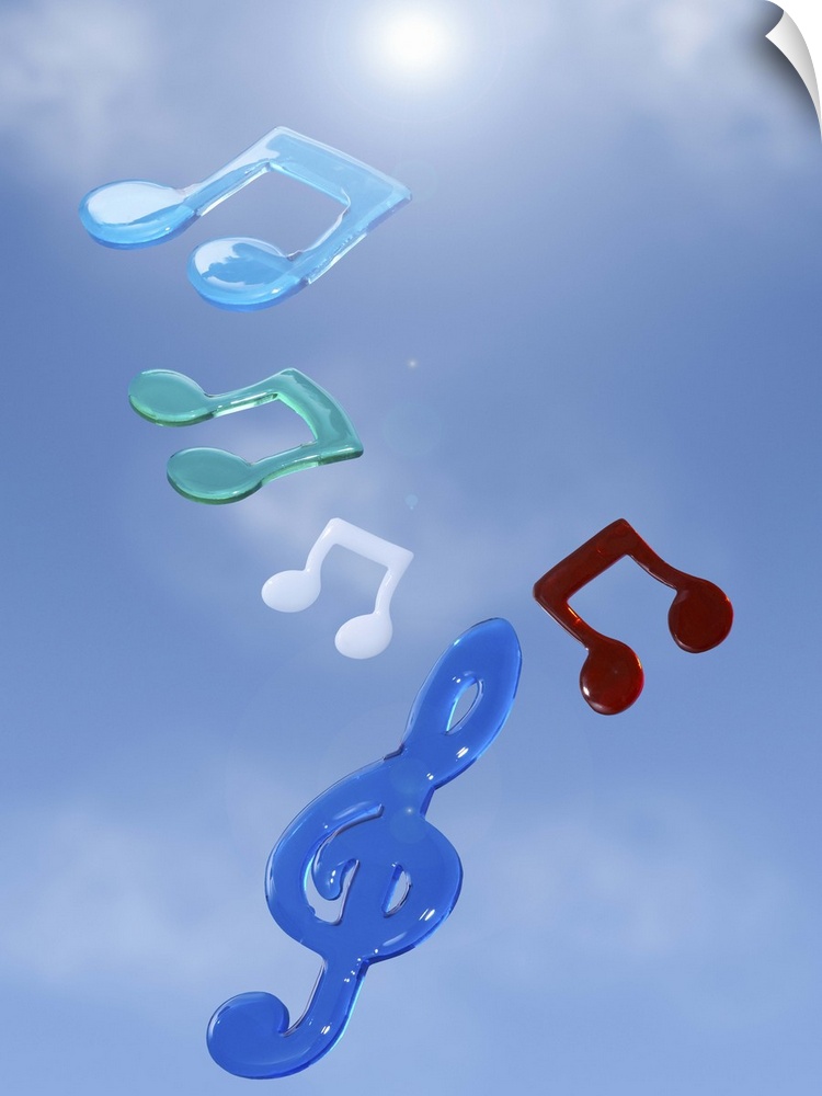 Musical notes floating in blue sky