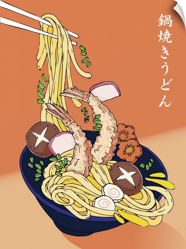 Nabeyaki Udon with deep-fried tempura shrimp in a large bowl.