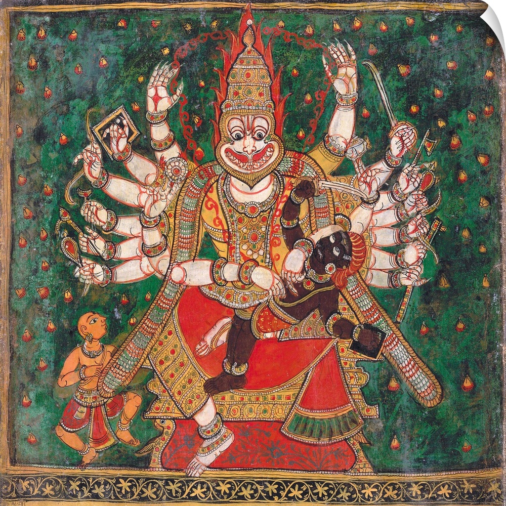 Sri Narasimha is the half-human, half-lion incarnation of Vishnu. Hindu, circa 18th century. Colors on paper. British Libr...