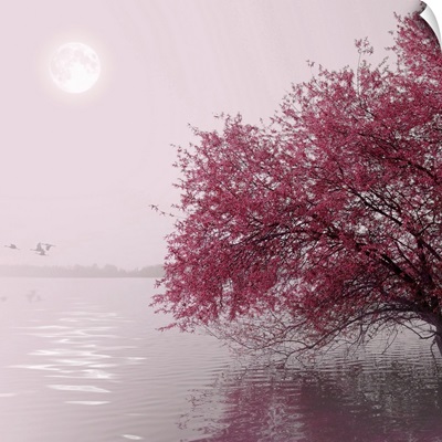 Nature and landscape. Red tree on a lake. Moon in the distance.