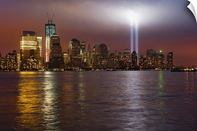New York City, Manhattan skyline with 9/11 memorial lights