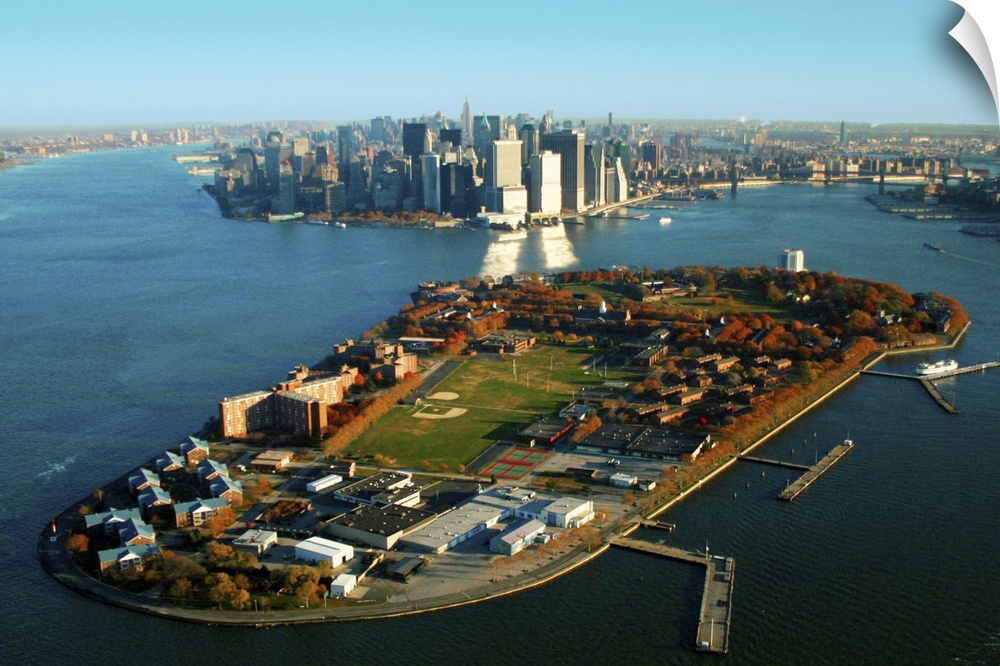 New York Harbor and Manhattan  with Governors Island in the foreground.