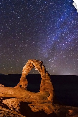 Night view of delicate arch and stars . Arches National Park, Moab, Utah, United States.