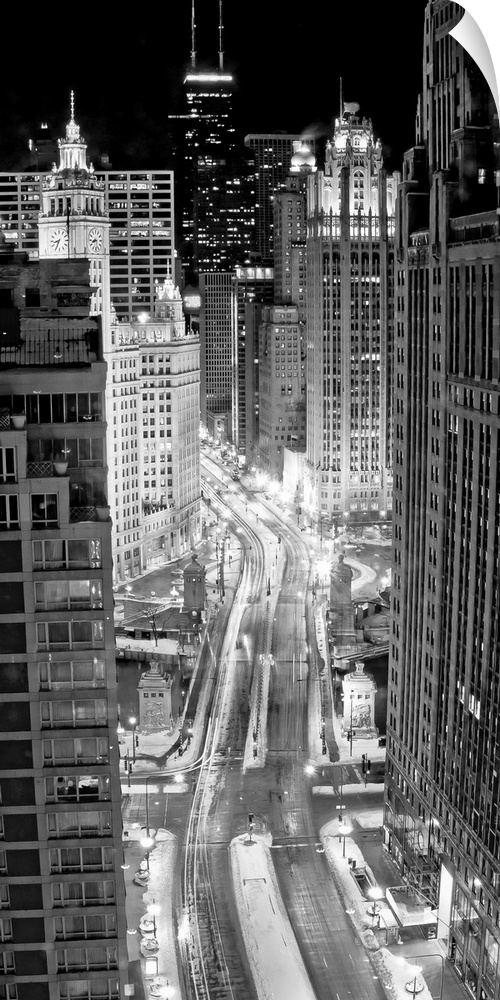 Panoramic monochromatic photographic from an aerial view looking through the downtown streets of the busiest city in Illin...