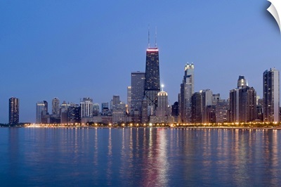 Northern section of the downtown Chicago skyline at dusk.