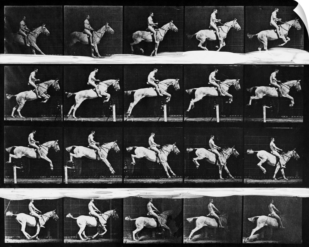 A nude man rides a horse jumping a fence in a series of photographs depicting motion.