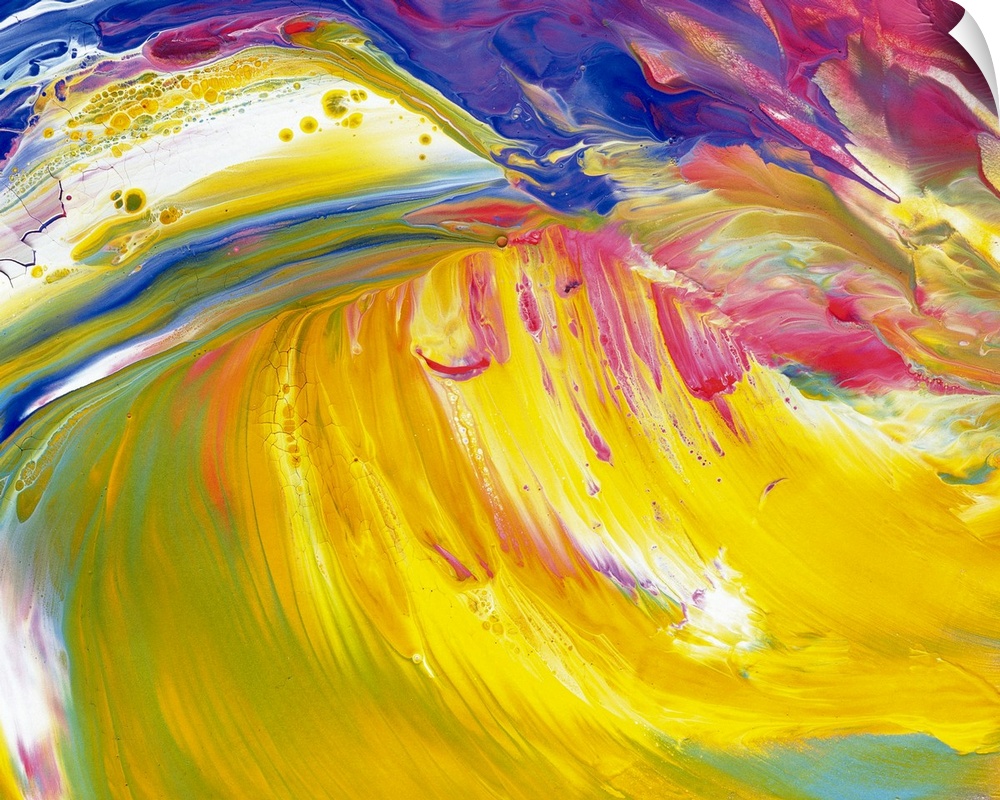 This vividly colored contemporary painting looks like an ocean wave curling and illuminated with sunset colors.