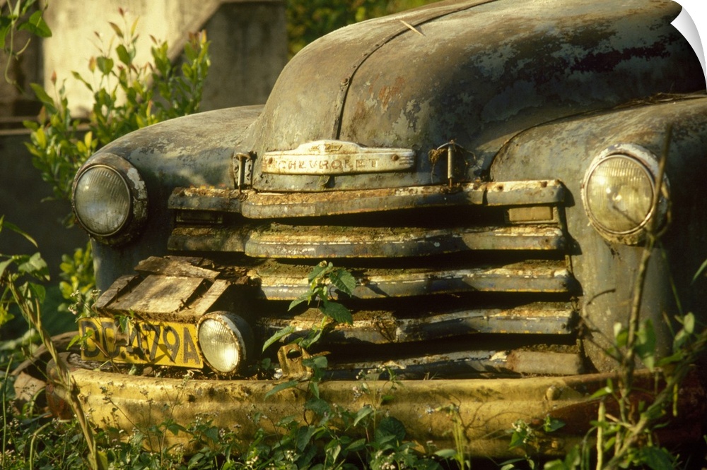 Up-close photograph of vintage car that has become rusted and is sitting in a field of overgrown grass.