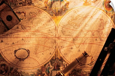 Old-fashion world map with navigational tools on top