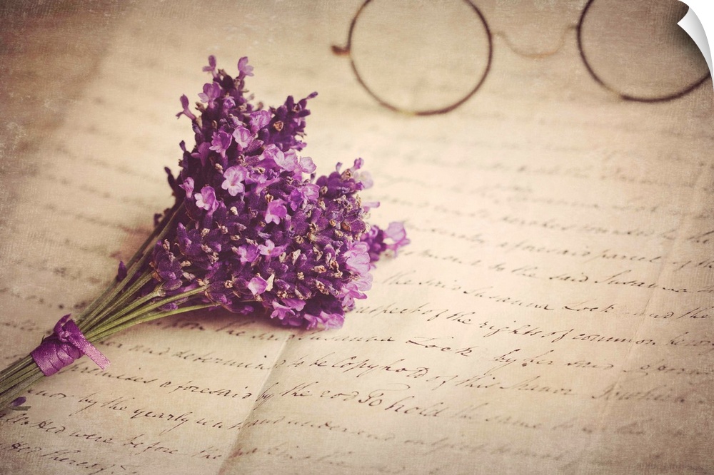 Old handwritten letter, pair of old fashioned round horn rimmed glasses and posy of lavender.