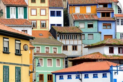 Painted houses like a puzzle in Cudillero, Spain.