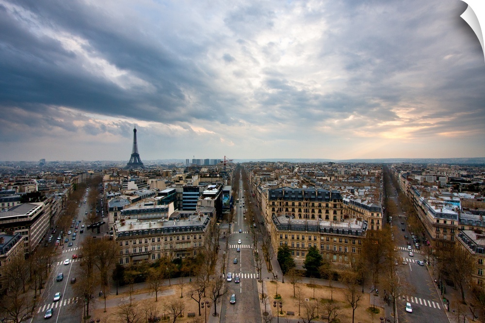 Paris and Eiffel Tower, taken from the top of Arc de Triomphe.