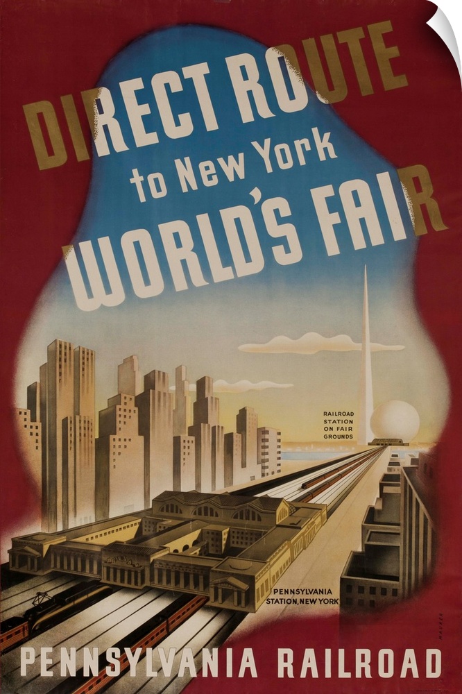 1939 Pennsylvania Railroad travel poster showing a direct line from Pennsylvania Station to the Trylon and Perisphere. Ill...