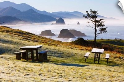 Picnic benches near the foggy coastline of Ecola State Park, Oregon, USA