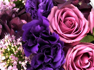 Pink roses, purple hydrangea, alliums