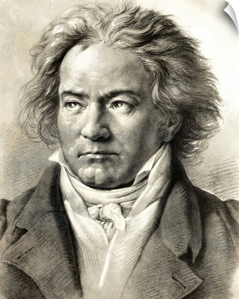 German composer Ludwig Van Beethoven (1770-1827) is shown in an illustrated portrait.