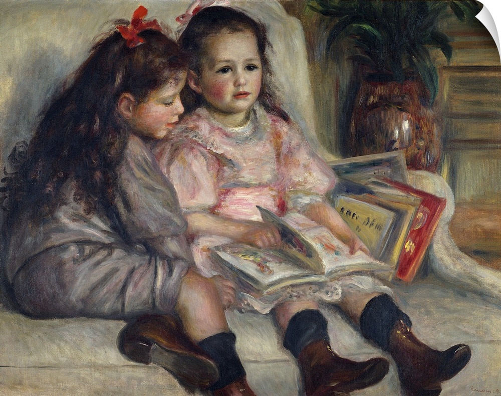 Portraits of children (or The Children of Martial Caillebotte). 1895. Two girls reading. Painting by Pierre Auguste Renoir...