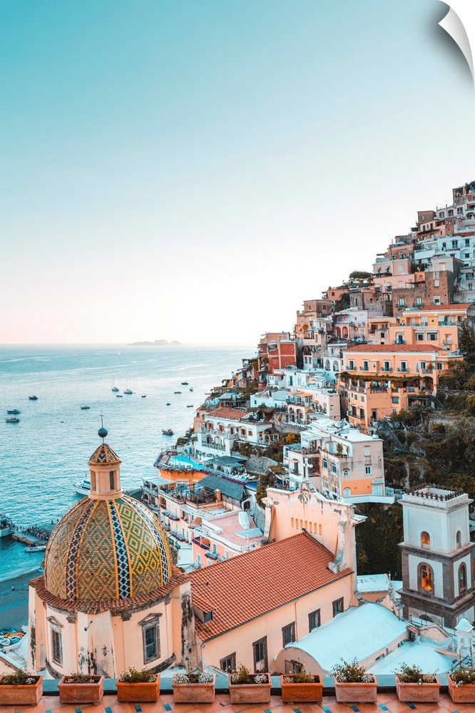 View of the coastline and seaside from a colorful terrace on the Amalfi Coast in Italy.