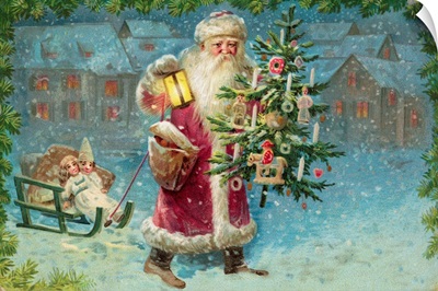 Postcard With Santa Claus Holding A Christmas Tree