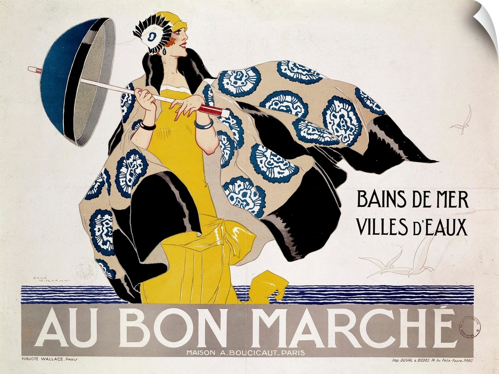 Poster advertising the Department stores Au Bon Marche for articles of the Sea swimming and Spas, Illustration by Rene Vin...