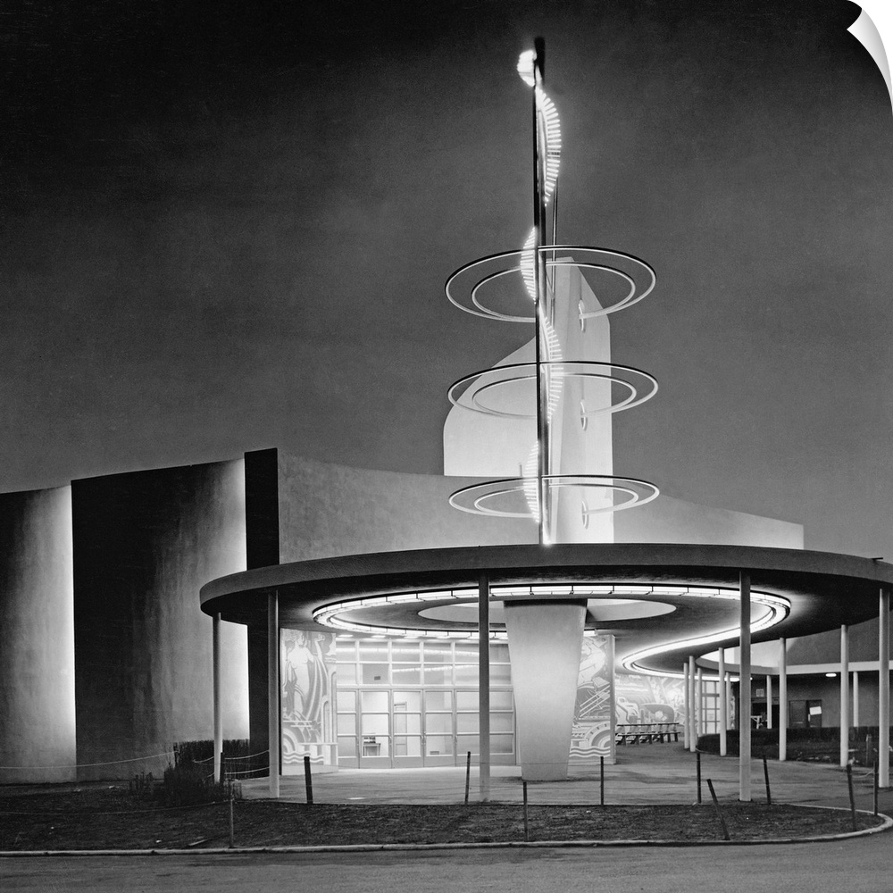 Decorative touches and unusual architecture disguise the GE power distribution plant at the 1939 New York World's Fair.