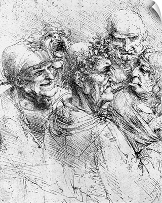 Print After A Drawing Of Five Characters In A Comic Scene By Leonardo Da Vinci