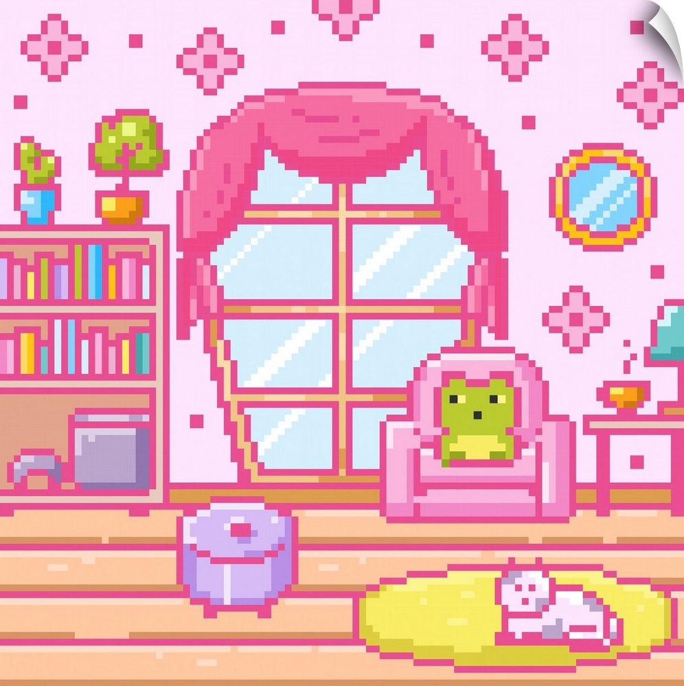 Retro Frog In Living Room With Cat Pixel Art