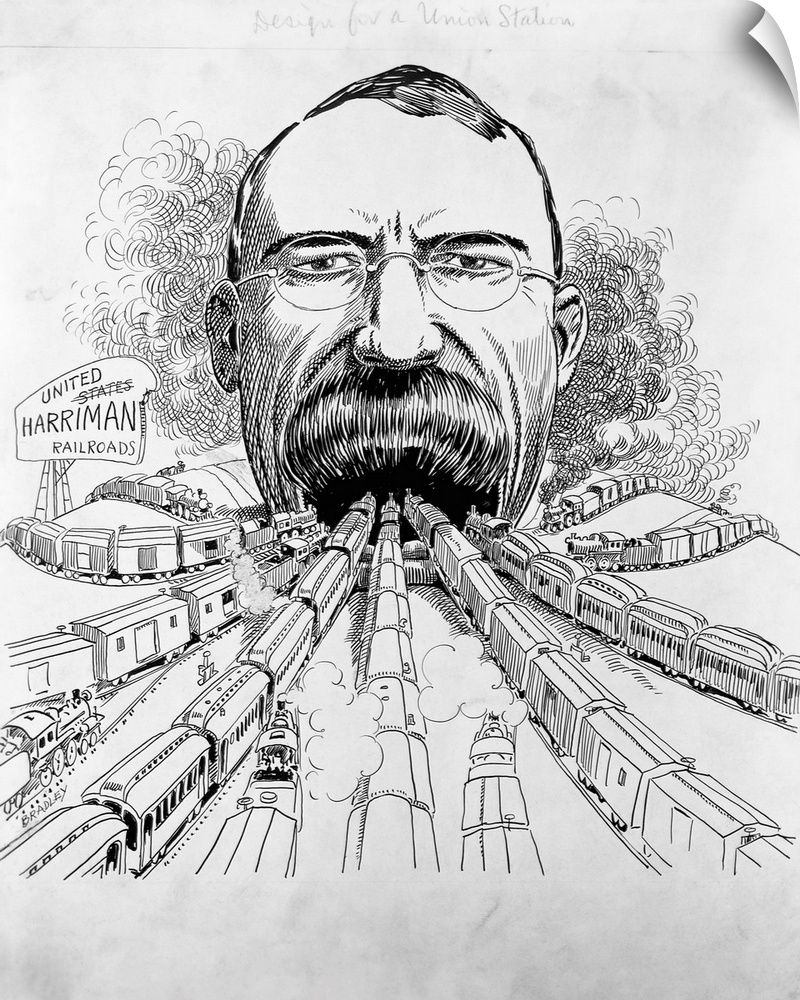 Caricature of industrialist Edward H. Harriman, with the railroads of America all heading toward his mouth. The caption re...
