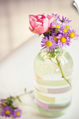 Roses and aster in glass bottle, Stockholm.