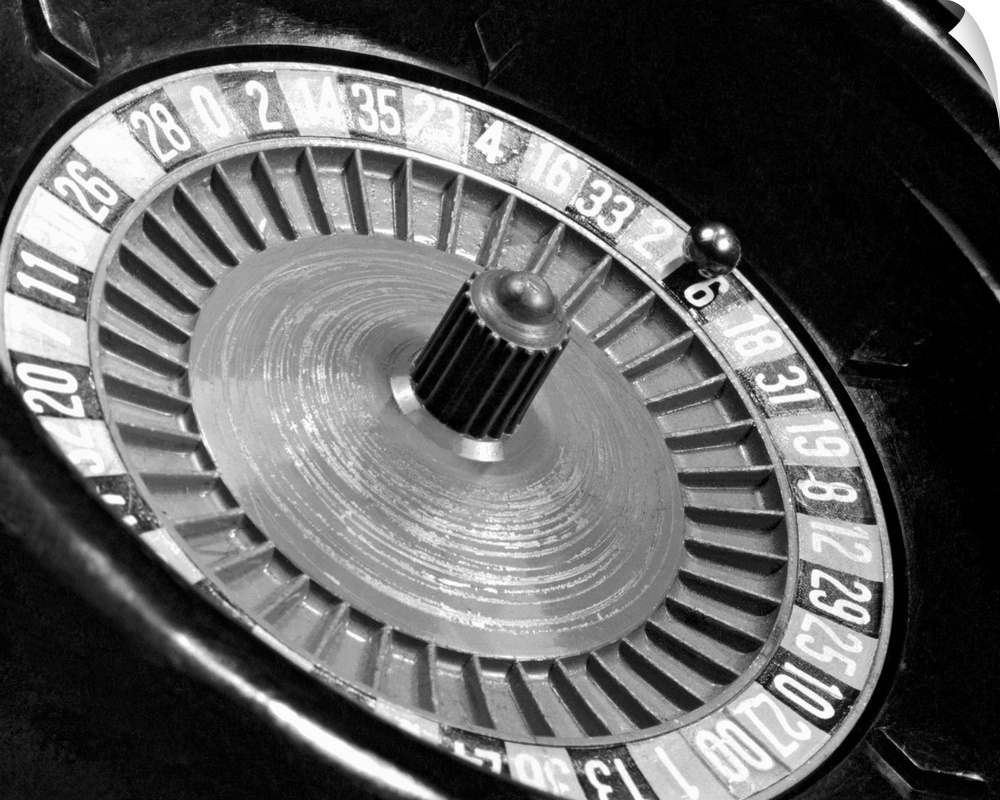 Close-up of a roulette wheel. Undated photograph.