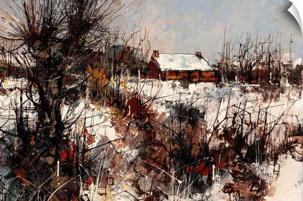 Oil painting of a rural landscape in winter.