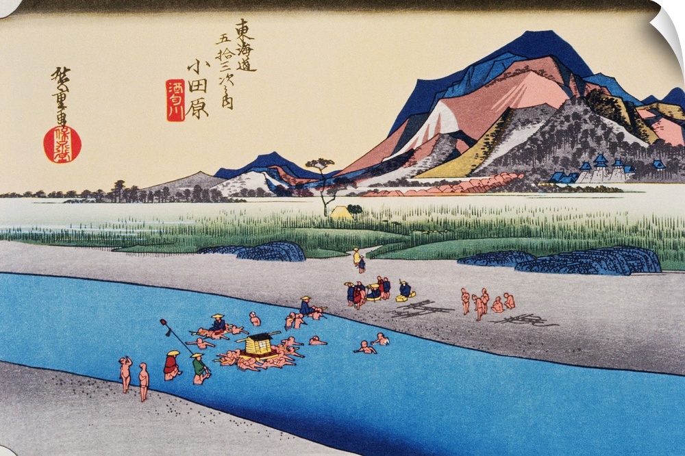 Scenery of Odawara in Edo Period, Painting, Woodcut, Japanese Wood Block Print, High Angle View