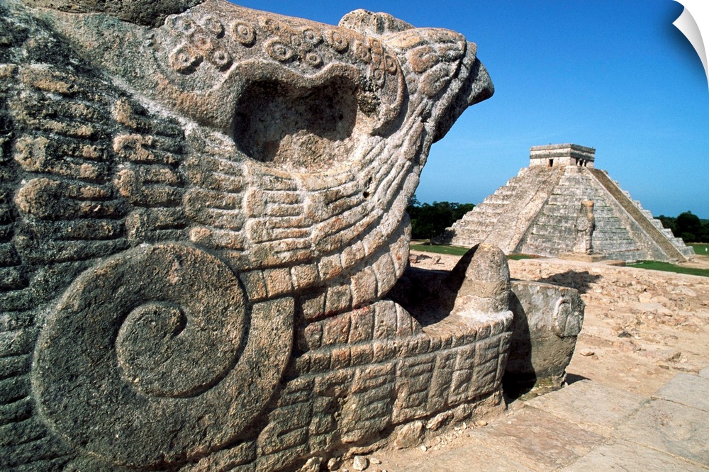 A stone carving adorns the Temple of the Warriors, which stands next to the Pyramid of Kulkulcan, or El Castillo, in Chich...