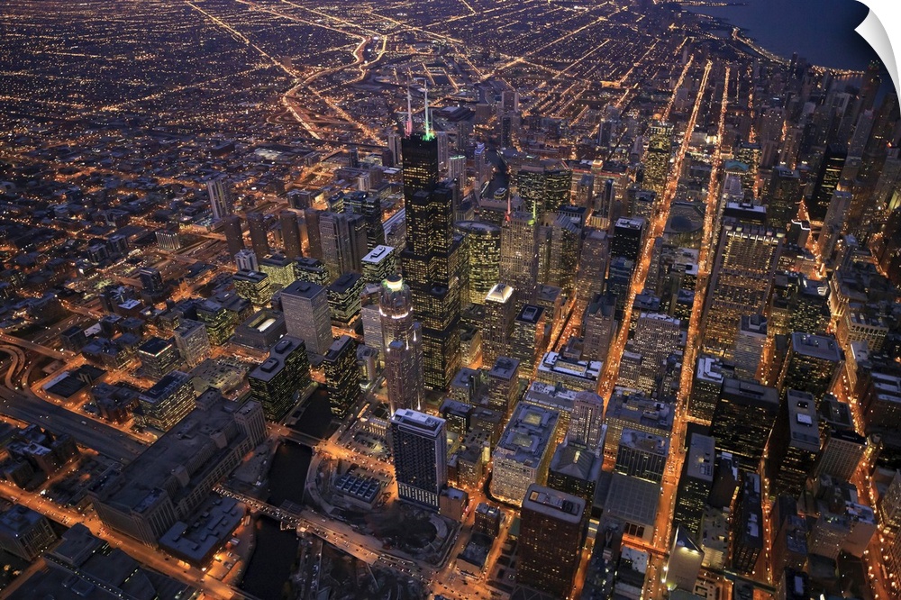 Sears Tower and downtown from above during sunset in December with clear crisp skies. Right in the center - the Sears Tower